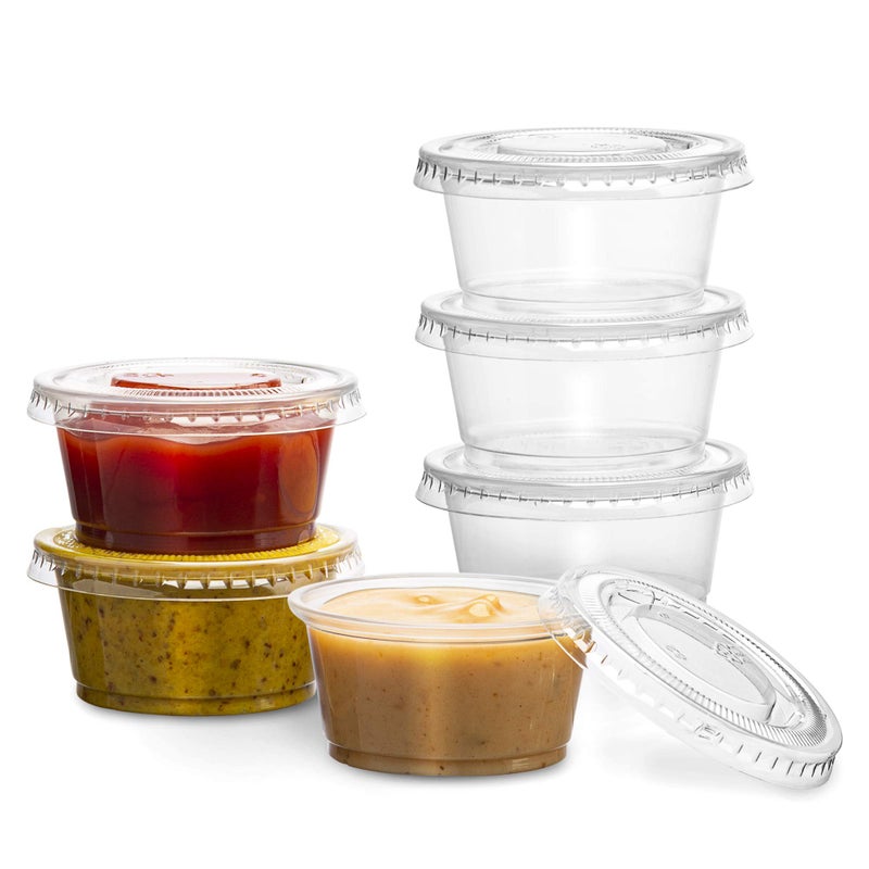 Plastimade Clear Disposable Plastic Portion Cups With Lids (100 Sets - 2 Oz) - Disposable Condiment Cups, Thanksgiving Sauce/Dip/Dressing Cups, Souffle Cups & Jello Shot Cups With Lids - Image 1